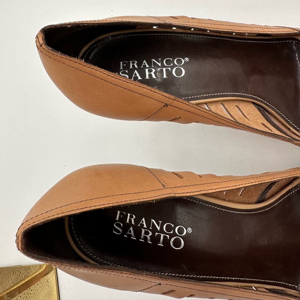 FRANCO SARTO Tan Cutout Leather Peep Toe Heels | Size 10 - Picture 4 of 11